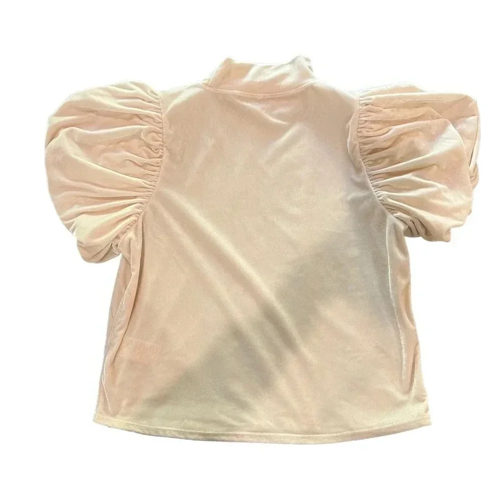 Free People Claudia Light Pink Velvet Mock‎ Neck Puff Sleeve Blouse Size Medium